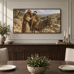 The Good Samaritan oil painting displayed in a classic dining room