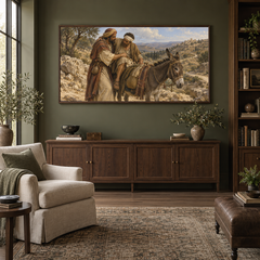 The Good Samaritan oil painting displayed in a olive home library