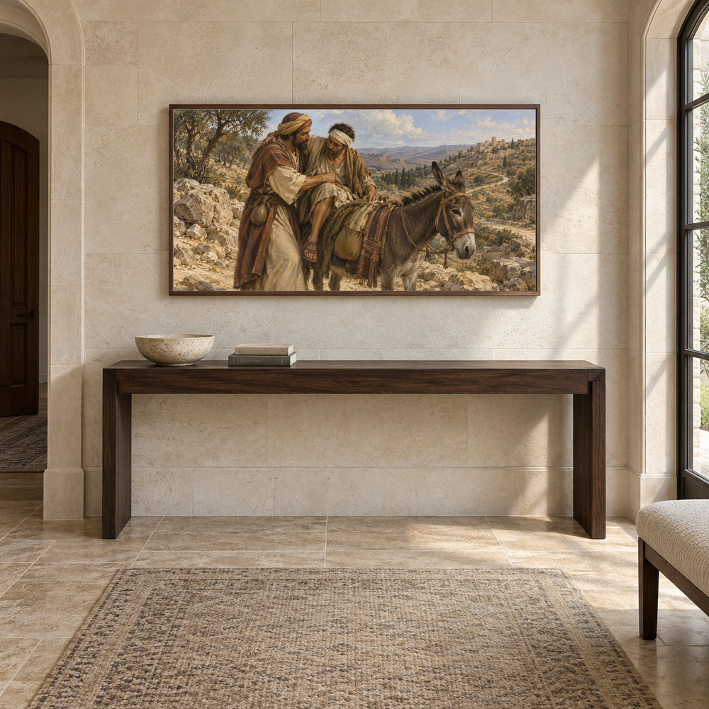 The Good Samaritan oil painting displayed in a limestone entry gallery