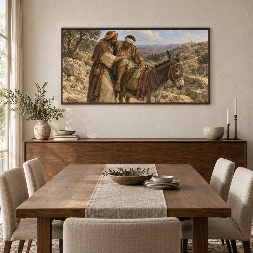 The Good Samaritan oil painting displayed in a walnut dining room