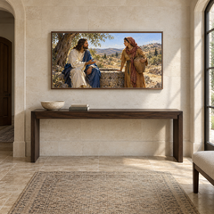 At the Well in Samaria oil painting displayed in a limestone entry gallery