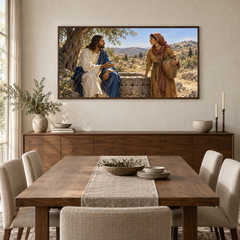 At the Well in Samaria oil painting displayed in a walnut dining room