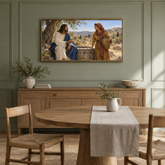 At the Well in Samaria oil painting displayed in a sage dining alcove