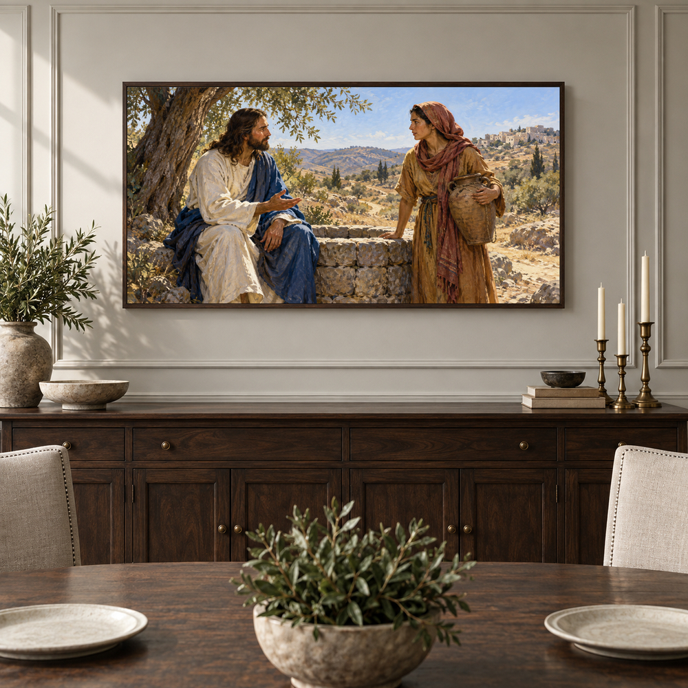 At the Well in Samaria oil painting displayed in a classic dining room