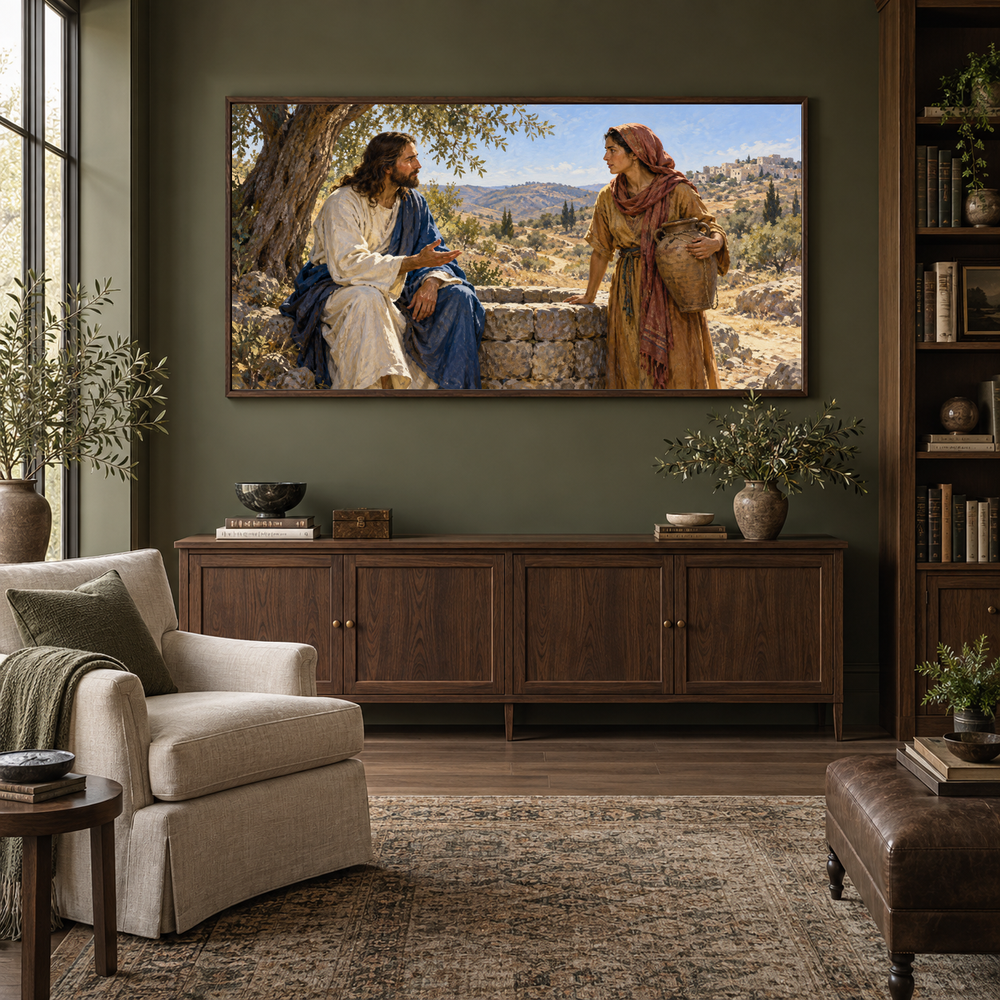 At the Well in Samaria oil painting displayed in a olive home library