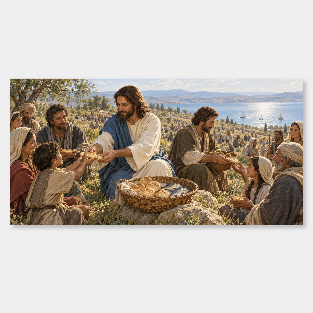 Bread is shared among the crowd in the Gospel account of John 6.