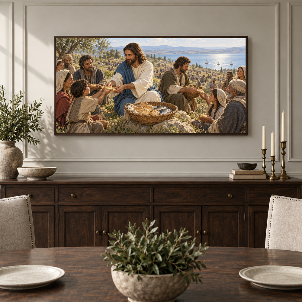 The Feeding of the Five Thousand oil painting displayed in a classic dining room