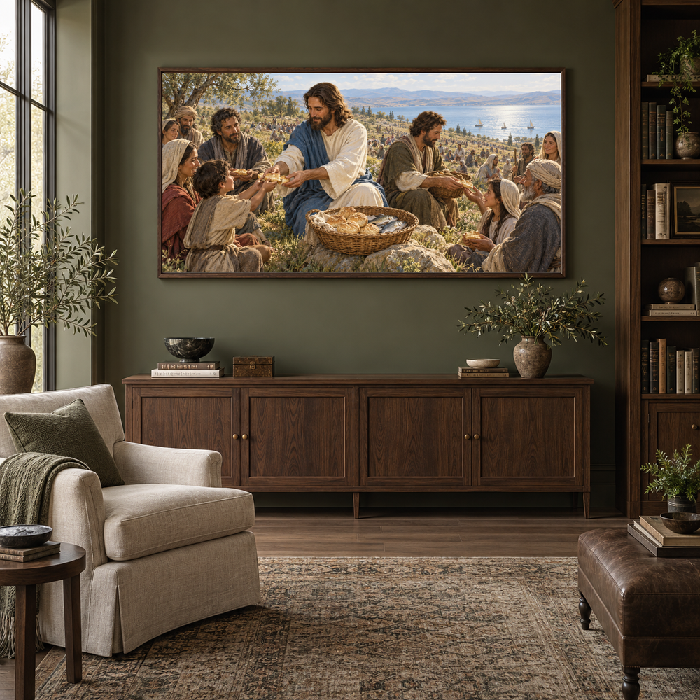 The Feeding of the Five Thousand oil painting displayed in a olive home library
