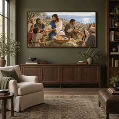 The Feeding of the Five Thousand oil painting displayed in a olive home library