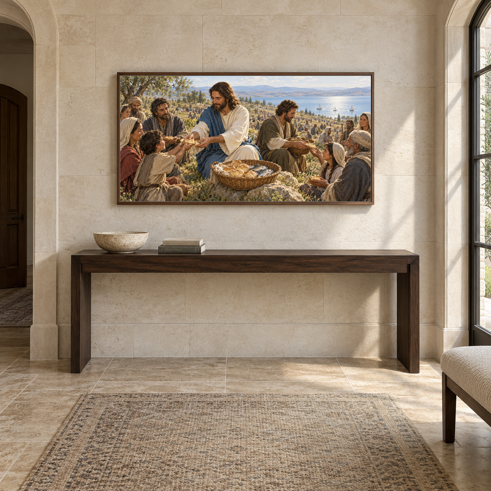 The Feeding of the Five Thousand oil painting displayed in a limestone entry gallery