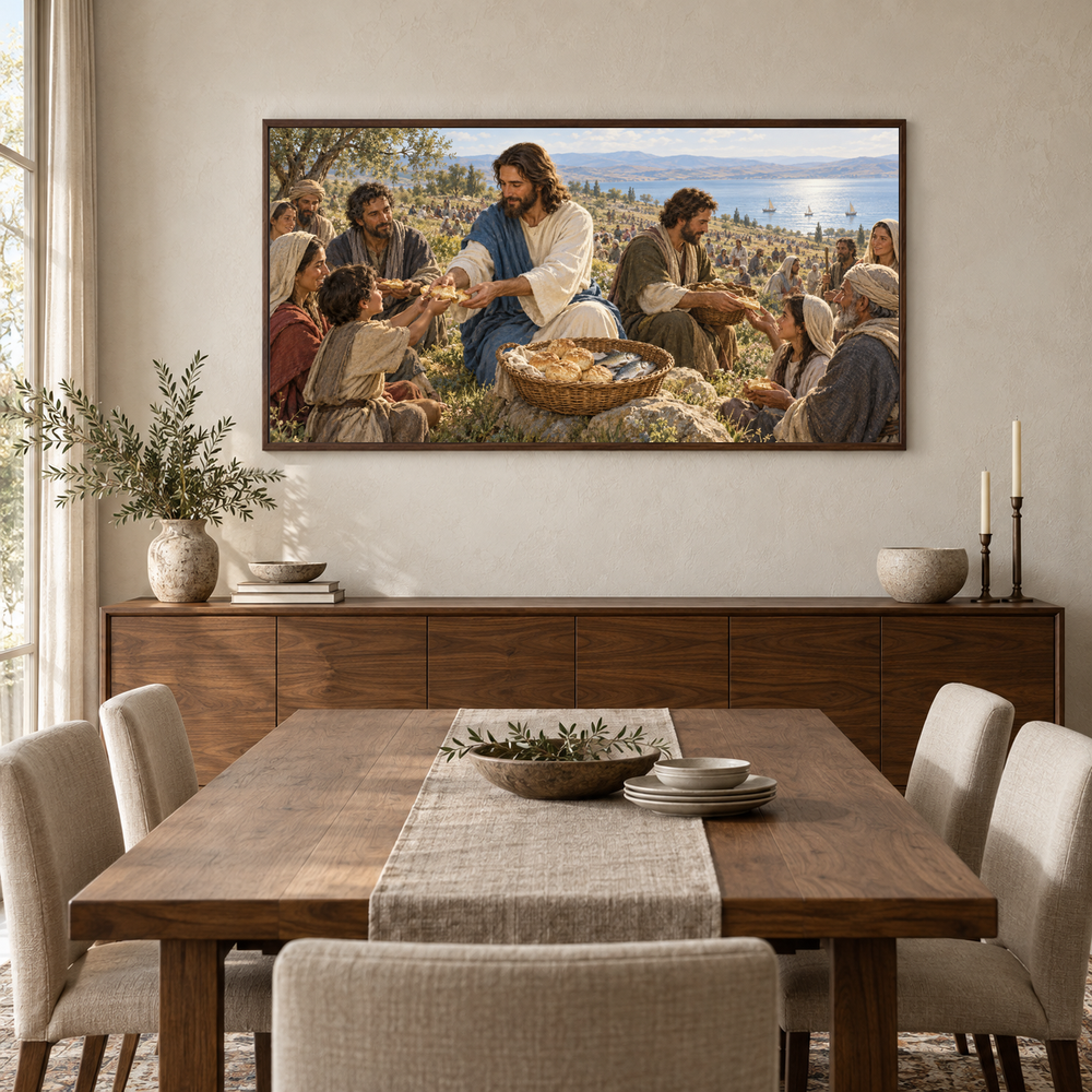 The Feeding of the Five Thousand oil painting displayed in a walnut dining room