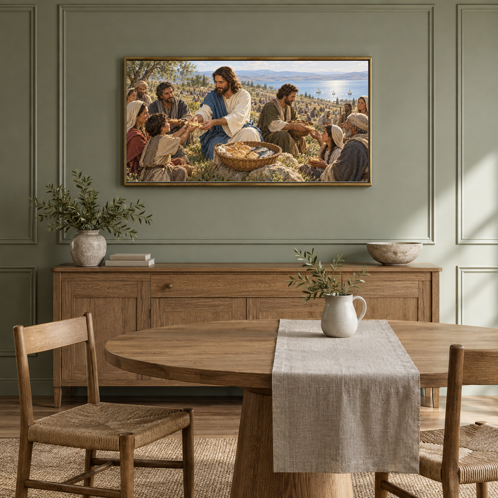 The Feeding of the Five Thousand oil painting displayed in a sage dining alcove