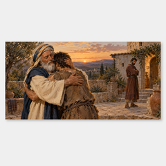 The father embraces the returning son while the elder brother remains in view.
