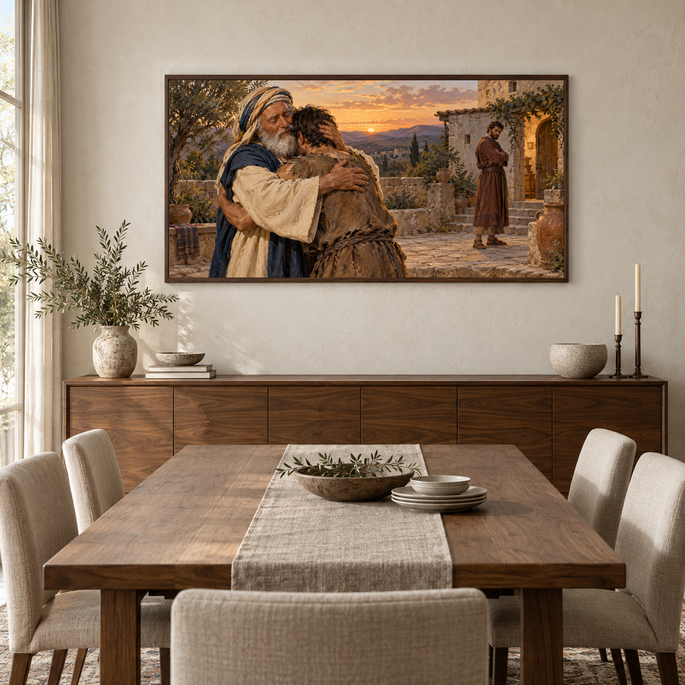 The Return of the Prodigal Son oil painting displayed in a walnut dining room