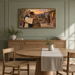 The Return of the Prodigal Son oil painting displayed in a sage dining alcove