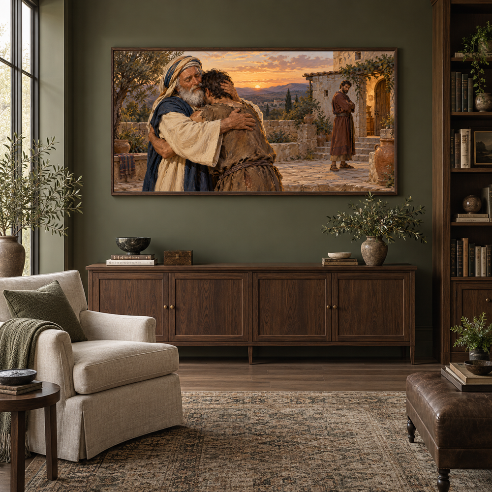 The Return of the Prodigal Son oil painting displayed in a olive home library