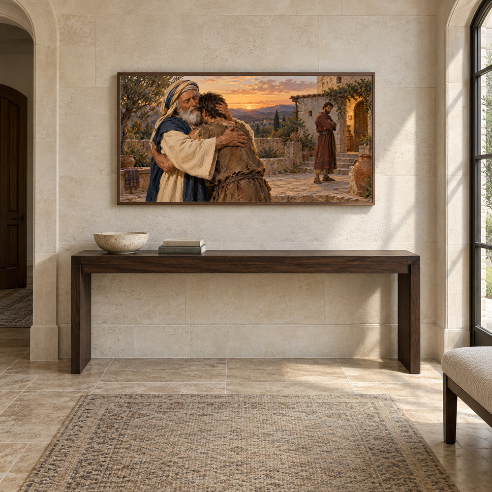 The Return of the Prodigal Son oil painting displayed in a limestone entry gallery