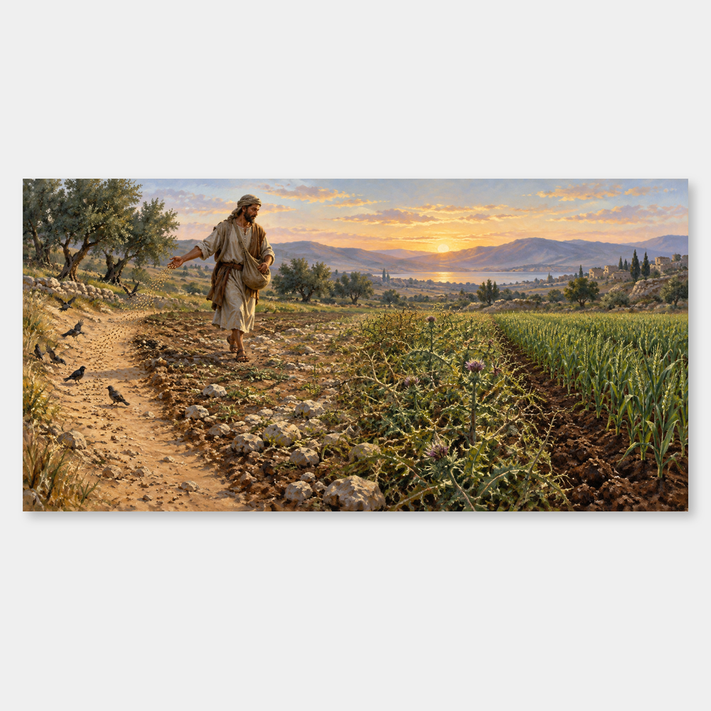 A sower scatters seed across the four kinds of ground named in Mark 4.
