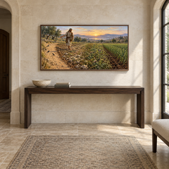 The Sower and the Seed oil painting displayed in a limestone entry gallery