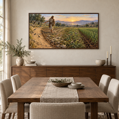 The Sower and the Seed oil painting displayed in a walnut dining room