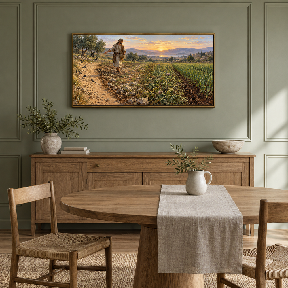 The Sower and the Seed oil painting displayed in a sage dining alcove