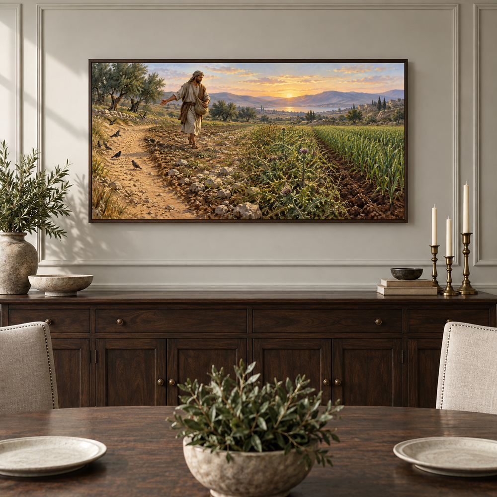 The Sower and the Seed oil painting displayed in a classic dining room