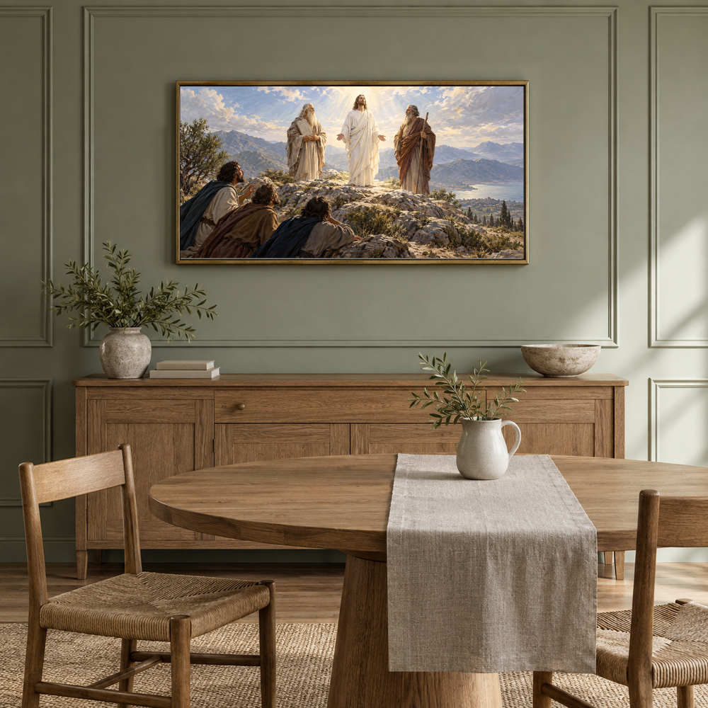 The Transfiguration oil painting displayed in a sage dining alcove