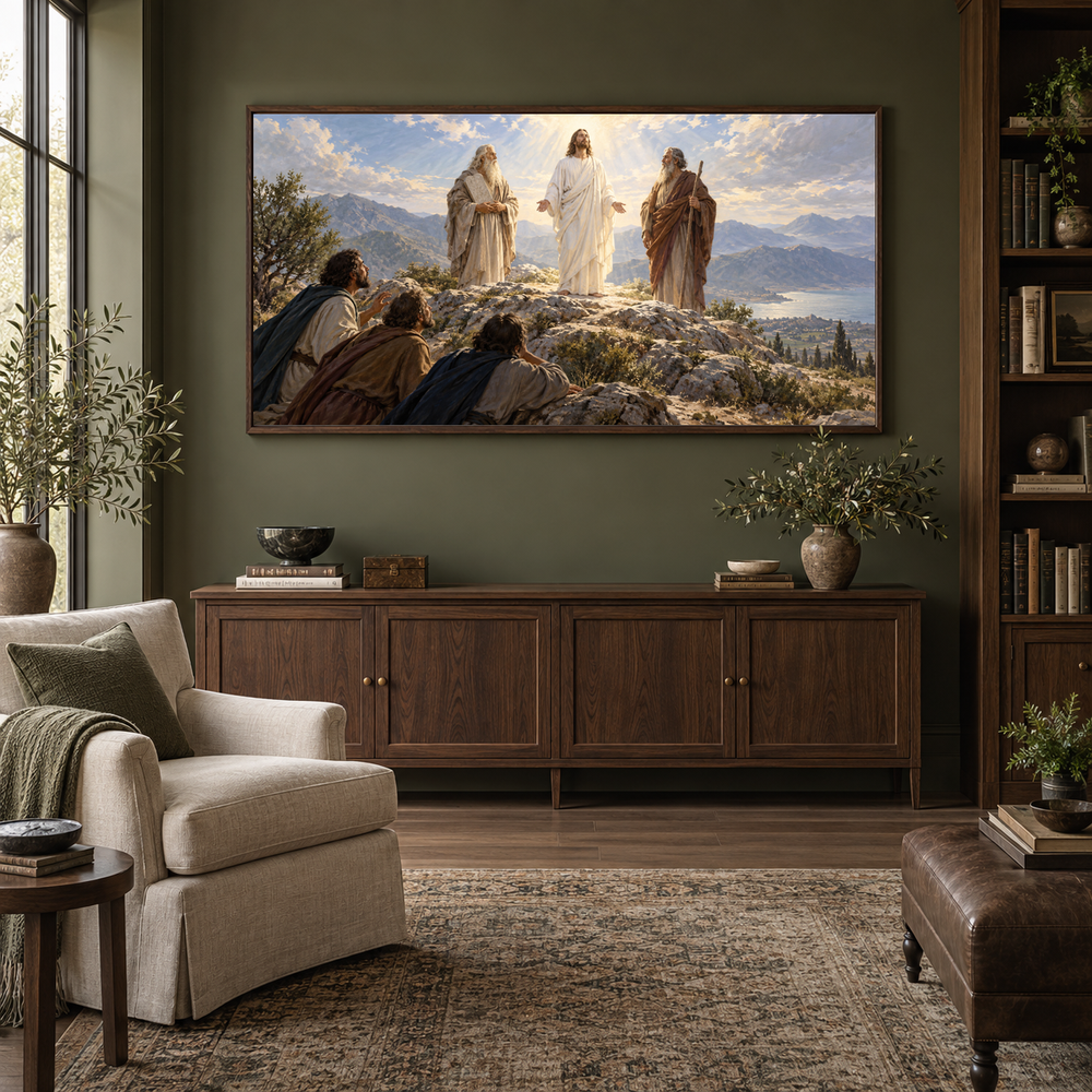 The Transfiguration oil painting displayed in a olive home library