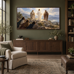 The Transfiguration oil painting displayed in a olive home library