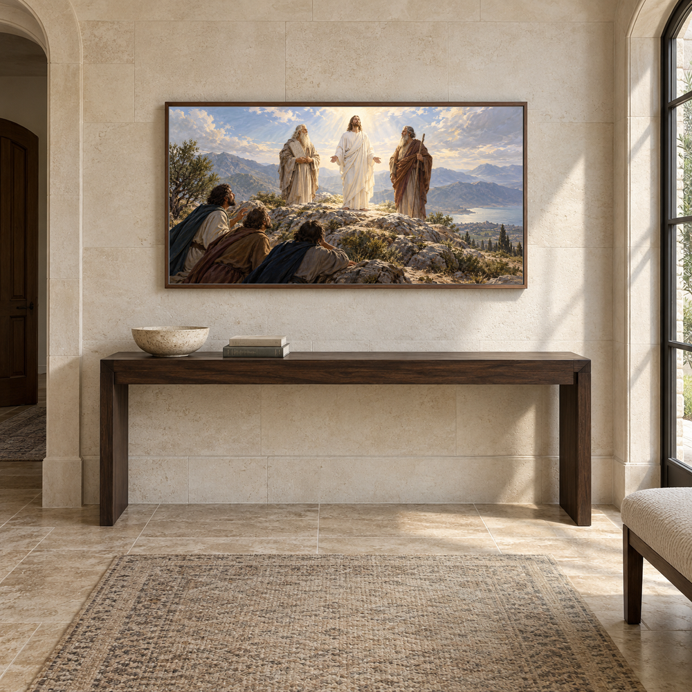 The Transfiguration oil painting displayed in a limestone entry gallery