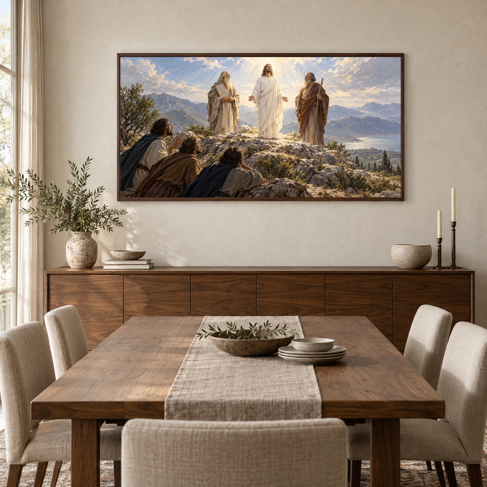 The Transfiguration oil painting displayed in a walnut dining room