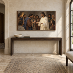 Thomas Recognizes the Risen Jesus oil painting displayed in a limestone entry gallery