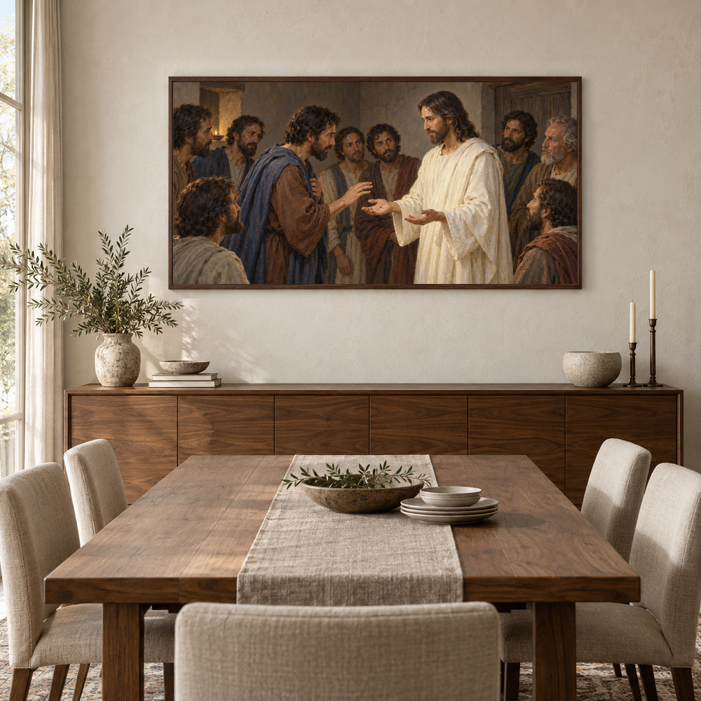 Thomas Recognizes the Risen Jesus oil painting displayed in a walnut dining room