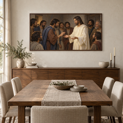 Thomas Recognizes the Risen Jesus oil painting displayed in a walnut dining room