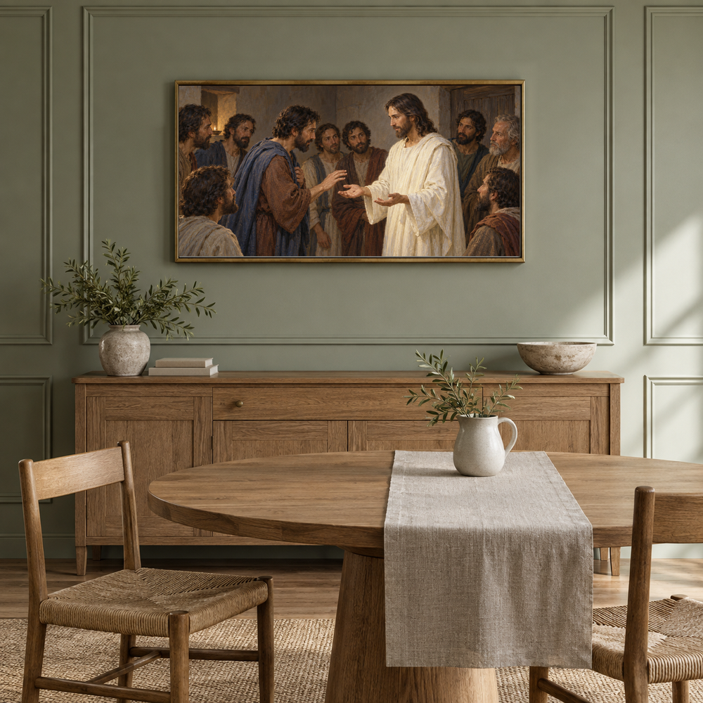 Thomas Recognizes the Risen Jesus oil painting displayed in a sage dining alcove
