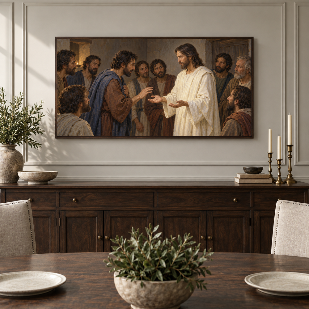 Thomas Recognizes the Risen Jesus oil painting displayed in a classic dining room