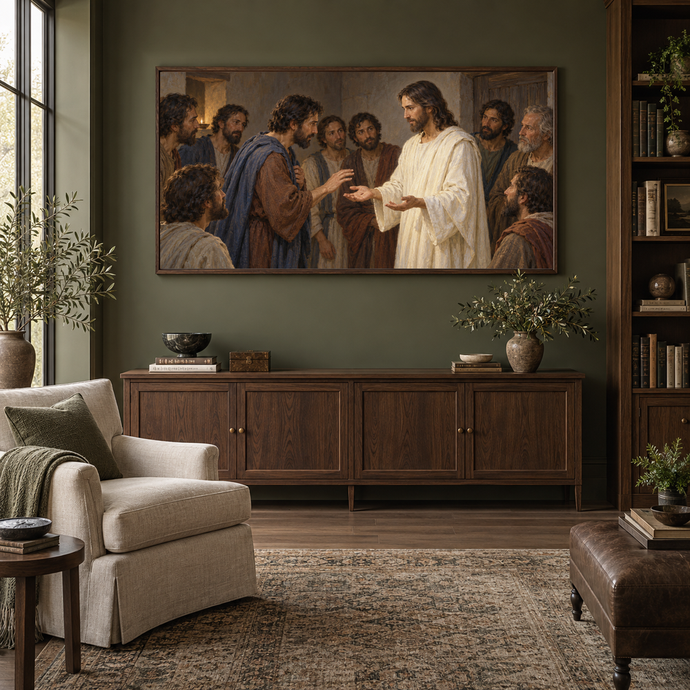 Thomas Recognizes the Risen Jesus oil painting displayed in a olive home library