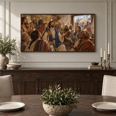 Pentecost oil painting displayed in a classic dining room