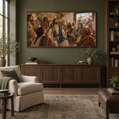 Pentecost oil painting displayed in a olive home library