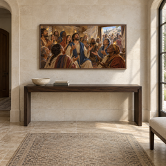 Pentecost oil painting displayed in a limestone entry gallery
