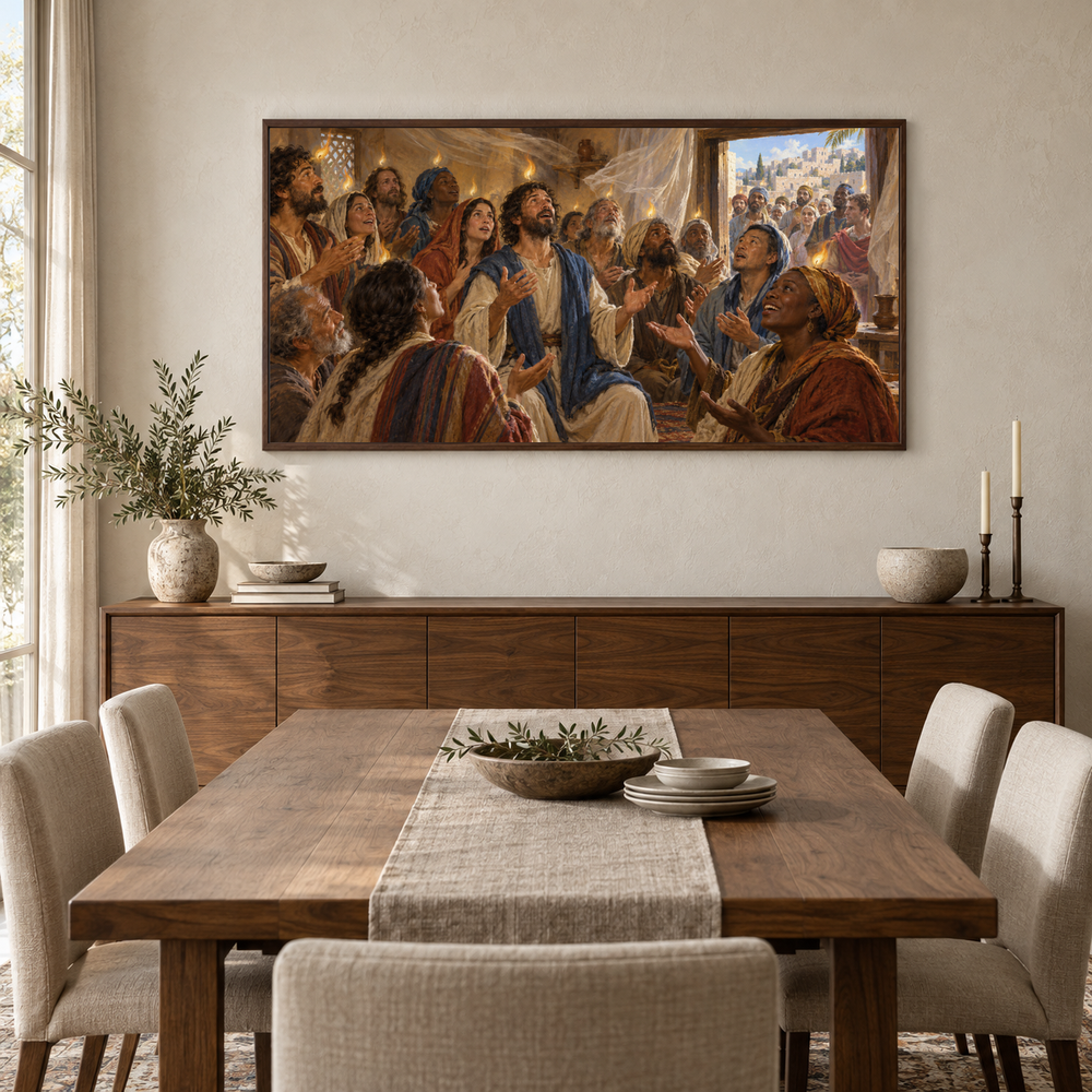 Pentecost oil painting displayed in a walnut dining room