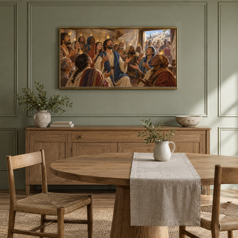Pentecost oil painting displayed in a sage dining alcove