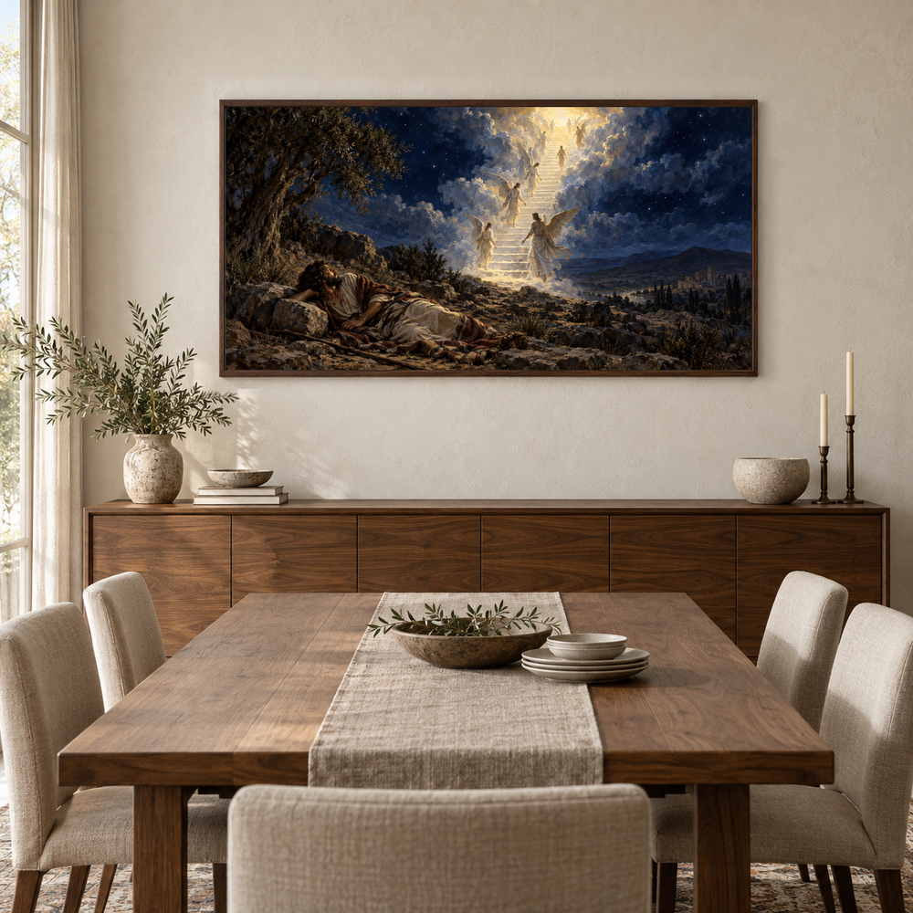 Jacob’s Dream at Bethel oil painting displayed in a walnut dining room