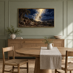 Jacob’s Dream at Bethel oil painting displayed in a sage dining alcove