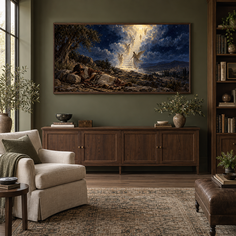 Jacob’s Dream at Bethel oil painting displayed in a olive home library