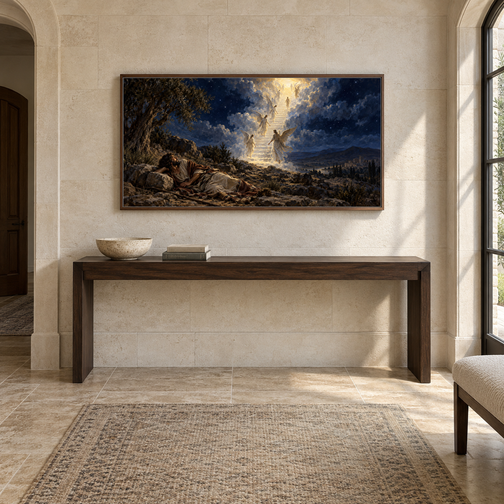 Jacob’s Dream at Bethel oil painting displayed in a limestone entry gallery