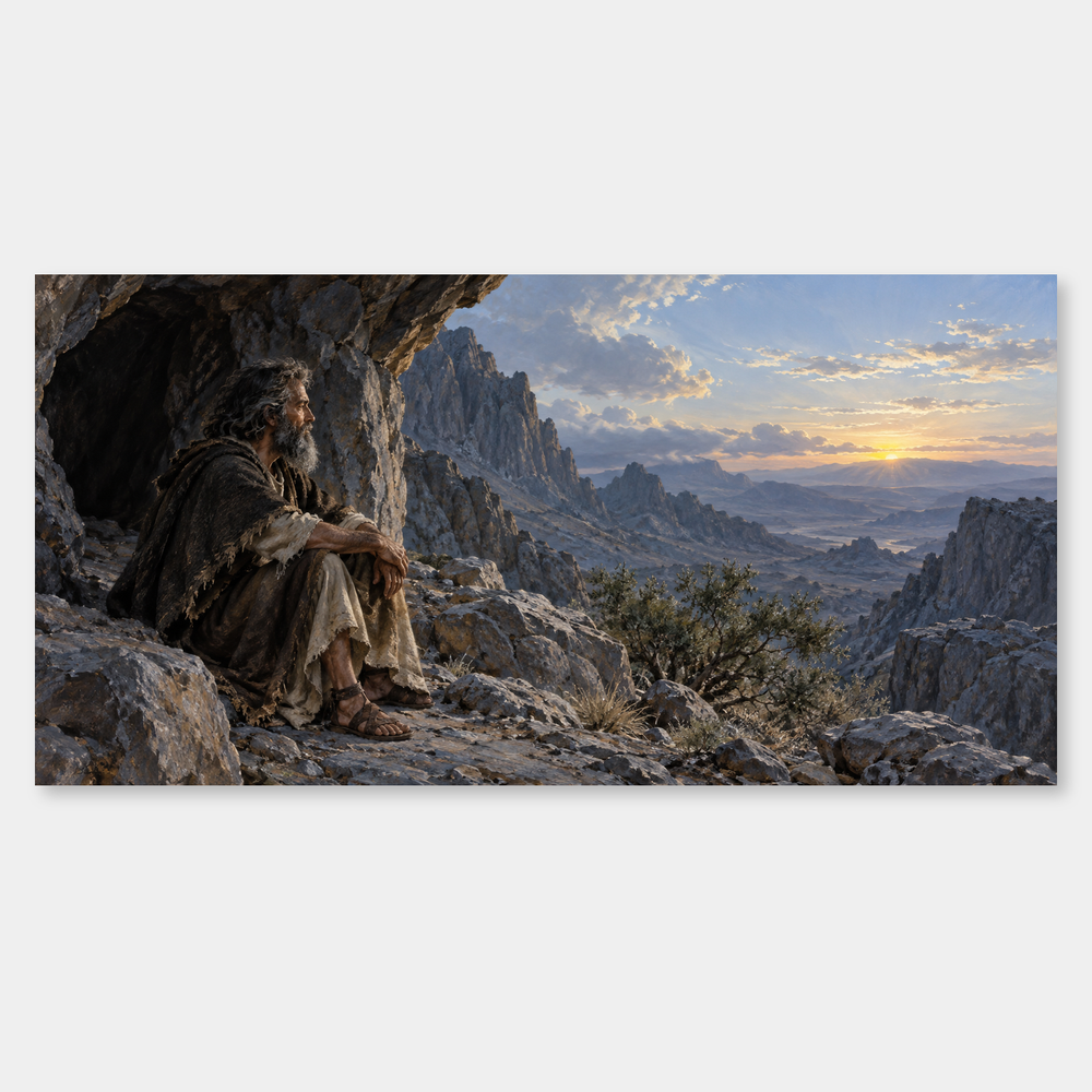 Elijah listens at Horeb after the wind, earthquake, and fire.