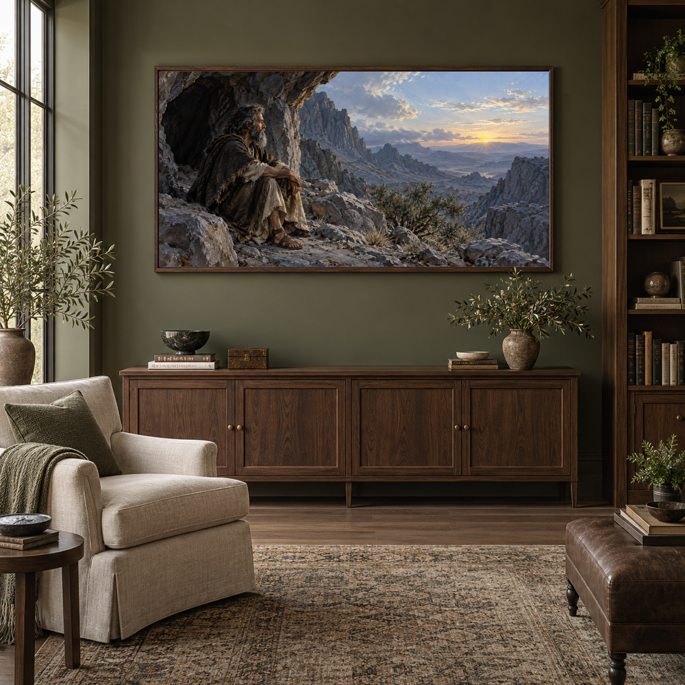 Elijah at Horeb oil painting displayed in a olive home library
