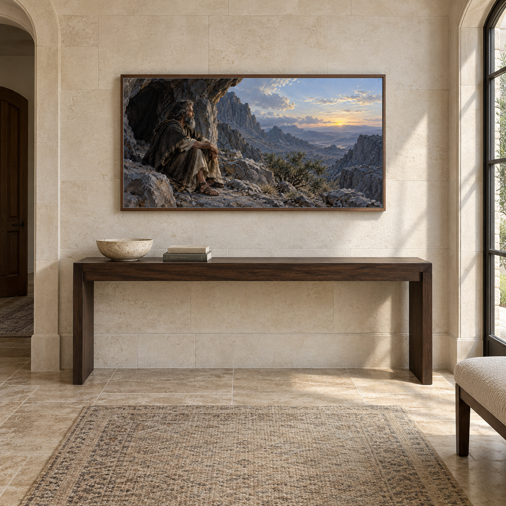 Elijah at Horeb oil painting displayed in a limestone entry gallery