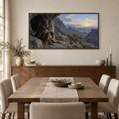 Elijah at Horeb oil painting displayed in a walnut dining room